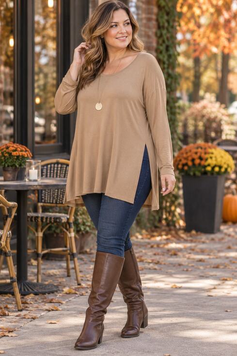 LOGO by Lori Goldstein Tops - Camel Brown Oversized Tunic Top XL Lagenlook Boho Side Slit Stretch
